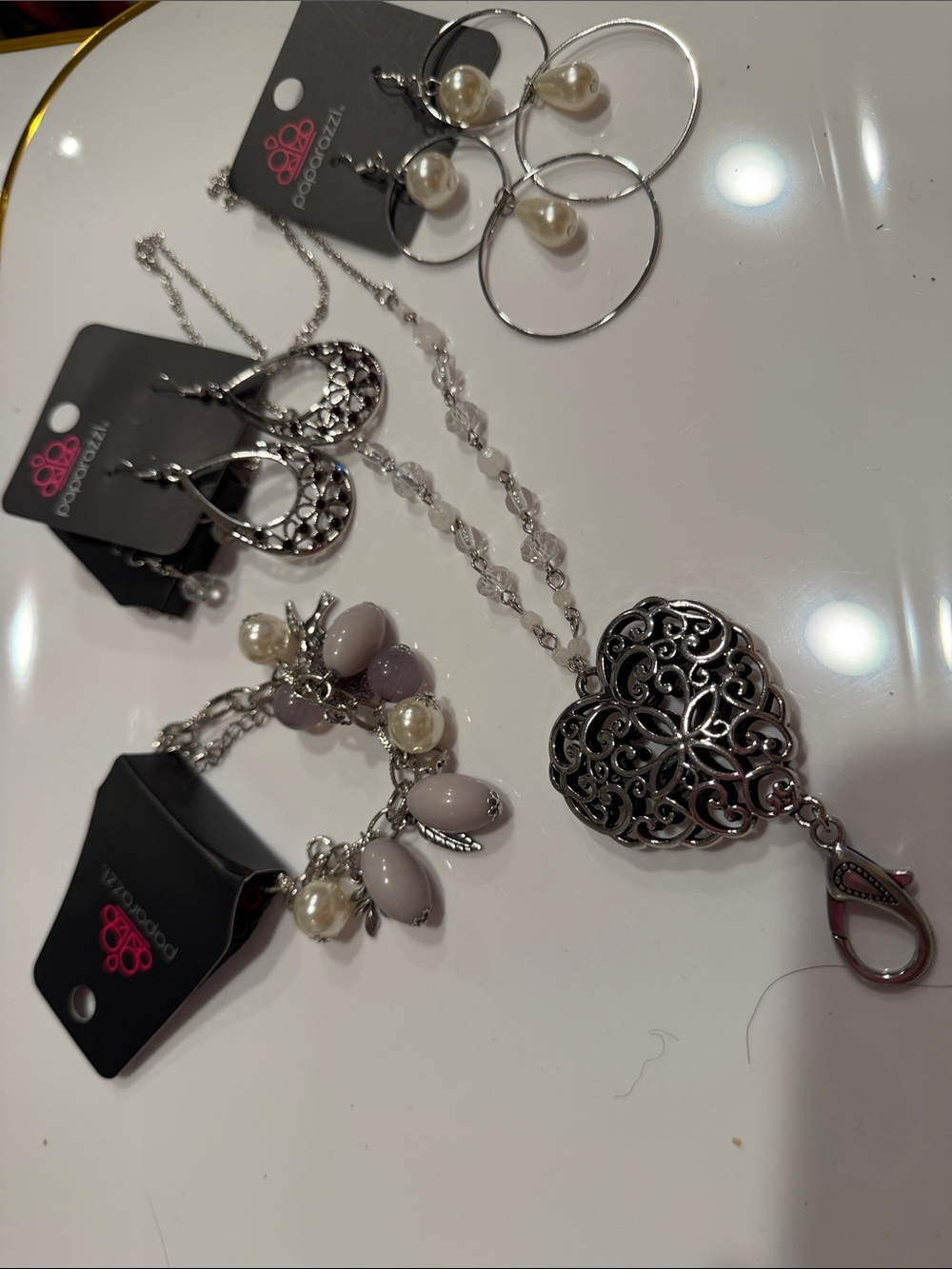 paparazzi Silver Filigree Heart Locket Necklace with Pearl Accent Bracelet
